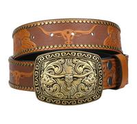 SUOSDEY Western Cowboy Belts for Men Women Cowgirl Country Floral Engraved Leather Belts with Longhorn Bull Texas Buckle 1.5" Width