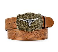 SUOSDEY Western Cowboy Leather Belts for Men Women Texas Longhorn Bull Buckle Floral Engraved Embossed Leather Belt for Jeans
