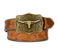 SUOSDEY Western Cowboy Leather Belts for Men Women Texas Longhorn Bull Buckle Floral Engraved Embossed Leather Belt for Jeans