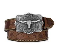 SUOSDEY Western Cowboy Leather Belts for Men Women Texas Longhorn Bull Buckle Floral Engraved Embossed Leather Belt for Jeans
