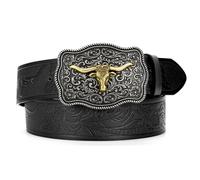 SUOSDEY Western Cowboy Leather Belts for Men Women Texas Longhorn Bull Buckle Floral Engraved Embossed Leather Belt for Jeans