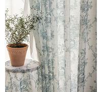 SUOUO Aqua Blue Floral Semi Sheer Curtains Linen Textured for Living Room 96 inches Long 2 Panels Rod Pocket Light Filtering Print Window Drapes for Bedroom Dining