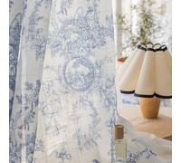 SUOUO Blue and White Floral Semi Sheer Curtains Linen Textured for Living Room 96 inches Long 2 Panels Rod Pocket Light Filtering Window Drapes for Bedroom Dining