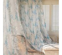 SUOUO Blue Leaf Boho White Semi Sheer Curtains Linen Textured for Living Room 84 inches Long Rod Pocket 2 Panels Floral Light Filtering Window Drapes for Bedroom Dining