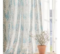 SUOUO Blue Leaf Boho White Semi Sheer Curtains Linen Textured for Living Room 96 inches Long Rod Pocket 2 Panels Floral Light Filtering Window Drapes for Bedroom Dining