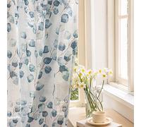 SUOUO Blue Leaf Semi Sheer White Curtains for Bedroom Dining Living Room Linen Textured 84 inches Long 2 Panels Rod Pocket Light Filtering Vine Boho Window Drapes