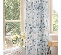 SUOUO Blue Leaf Semi Sheer White Curtains for Bedroom Dining Living Room Linen Textured 84 inches Long 2 Panels Rod Pocket Light Filtering Vine Boho Window Drapes