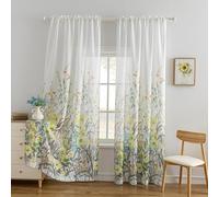 SUOUO Grey and Yellow Floral Sheer Curtains Linen Textured for Living Room 96 inches Long Rod Pocket Print Wildflower Window Drapes for Bedroom 2 Panels