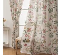 SUOUO Red Floral Semi-Sheer Curtains Linen Textured for Living Room Print Green Leaf 96 inches Long 2 Panels Rod Pocket Light Filtering Window Drapes for Dining Bedroom