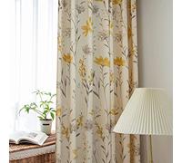 SUOUO Yellow Floral Curtains for Living Room Chenille Printed Grey Leaf Patterned Room Darkening Window Drapes Set for Bedroom Dining 2 Panels 84 Inches Long Sunflower