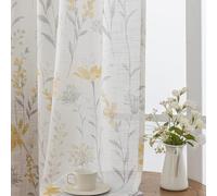 SUOUO Yellow Floral Semi-Sheer Curtains Linen Textured for Living Room Print Grey Leaves Light Filtering Boho Curtain for Bedroom Dining 84 inches Long 2 Panels Rod Pocket Sunflowers