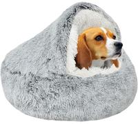 SUOXU Calming Cat Bed Small Dog Bed,Warm Cosy Soft Plush Winter Indoor Cat Cave Bed,Anti Slip Bottom Machine Washable Anti-Anxiety Hooded Pet Sofa for Puppy/Small Medium Large Cats(under 10kg)