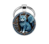 SUPAC Mystic Cat Art Glass Pendant Keychain, Double-Sided Round Design, Floral Pattern, Silver Keyring, Black Brown Siamese Kitten (Dragon Cat)