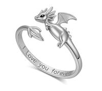 SUPAC Silver Flying Dragon Ring, Love You Forever Engraved, Adjustable | Sculpted silver flying dragon coils around your finger, band engraved Love You Forever