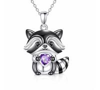 SUPAC Smiling Raccoon Necklace, Holding a Blue Heart, Silver and Black - Racoon Jewerly Gift, Adjustable, Stainless Steel, Cubic Zirconia