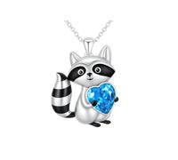 SUPAC Smiling Raccoon Necklace, Holding a Blue Heart, Silver and Black - Racoon Jewerly Gift, Adjustable, Stainless Steel, Cubic Zirconia