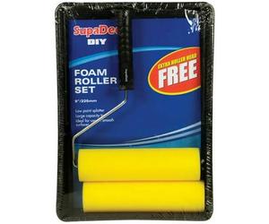 SupaDec 9"/255mm Smooth Surface Handle Roller Frame, Foam Rollers, Paint Tray 4pcs Set DIY Decorating Polyester Refill Cage Decorator Painting