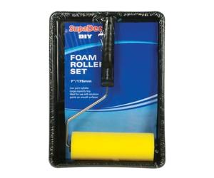 SupaDec Foam Roller & Tray Set - 7"/175mm | Low Splatter Paint Roller with Large Capacity Tray | 7” Foam Refill - Cage Frame & Plastic Tray | Ideal for Emulsion Paints on Smooth Surfaces