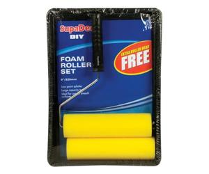 SupaDec Foam Roller & Tray Set - 9" / 255mm | Low Splatter Paint Roller with Large Capacity Tray | 9” Polyester Refill - Cage Frame - Extra Roller Head & Plastic Paint Tray | Ideal for Smooth Surfaces