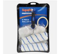 Supadec Paint Roller Kit - 6 Pcs Set - 9 Inch Roller Frame - Tray - Acrylic Pile Roller Refills - Protective Sheet & Masking Tape