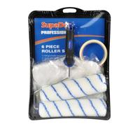 SupaDec Paint Roller Kit - 6 Piece Set | Soft Grip Roller Frame with 2 Acrylic Pile Roller Heads, 9” Tray - Protective Sheet & 20m Masking Tape | Complete Painting Set for Smooth & Semi-Smooth Surface