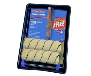 Supadec Professional Tiger Stripe Paint Roller Kit 9 Inch - Trade Quality - Twin Medium Pile Refills - Wooden Handle Frame & Tray