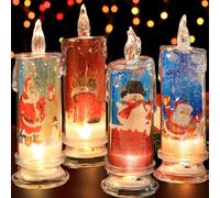 SupBri Christmas Flameless Candles with Santa Claus, Snowman,Decals Set of 4, Battery Operated Christmas Themed LED Candles for Festival Gift Christmas Decorations