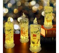 SupBri Christmas Flameless White Candles with Santa Claus, Snowman,Decals Set of 4, Battery Operated Christmas Themed LED Pillar Candles for Festival Christmas Decorations