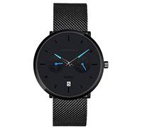 SUPBRO Men's Watch, Stainless Steel, Waterproof Watch, Analogue Dial, Business Watch, Date, Ultra Thin Chronograph, Black+blue, Bracelet