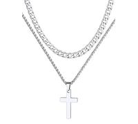 Supcare 22"+2" Double-Layer Silver Cross Necklace for Men, Hypoallergenic Cross Chain, Retro Punk Style Crucifix Necklace for Men, Ideal for Father’s Day/Christmas (Gift Box Included)