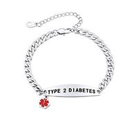 Supcare Medical Bracelets for Men, High Polish Medical Symbol Type 2 Diabetes ID Bracelet Stainless Steel, Adjustable Curb Miami Chain 19cm+5cm
