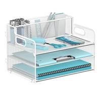 SUPEASY 3 Tier Desk Organiser with Handle & 3 Pen Holders, Mesh Paper/File Organizer for Desk, Paper Letter Tray Organizer for Office Supplies, White