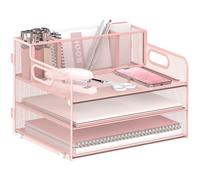 SUPEASY 3 Tier Desk Organiser with Handle & 3 Pen Holders, Mesh Paper/File Organizer for Desk, Paper Letter Tray Organizer for Office Supplies, Pink