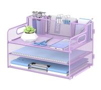 SUPEASY 3 Tier Desk Organizer with Handle and 3 Pen Holder, Mesh Paper/File Organizer, Desk Organizer, Letter Tray for Office Supplies (Light Purple)