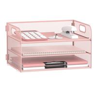 SUPEASY 3 Tier Paper Organizer with Handle, Mesh Desk Organizer Letter Tray, A4 File Folder Paper Tray, Pink