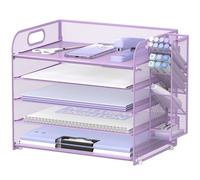 SUPEASY 5 Tier Desk Organizer with Handle and Removable Pen Holder, Mesh Paper/File Organizer for Office, Letter Tray for Office Supplies (Purple)