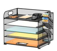 SUPEASY 5 Tier Desk Organizer with Handle & Removable Pen Holders, Mesh Paper/File Organizer for Desk, Paper Letter Tray Organizer for Office Supplies (Black)