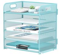 Supeasy 5 Trays Paper Organizer Letter Tray with Handle-Mesh Desk File Organizer, Paper Sorter Desk Organizer for Office, Home or School (Light Blue)