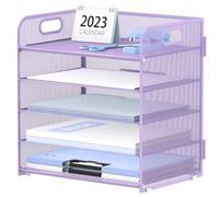 SUPEASY 5 Trays Paper Organizer Letter Tray with Handle-Mesh Desk File Organizer, Paper Sorter Desk Organizer for Office, Home or School, Purple