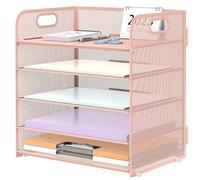 SUPEASY 5 Trays Paper Organizer Letter Tray with Handle-Mesh Desk File Organizer, Paper Sorter Desk Organizer for Office, Home or School, Pink