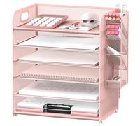 SUPEASY 6 Tier Desk Organizer with 4 Pen Holders, Mesh Paper Organizer Letter Tray with Handle, Desk Organizer Tray File Organizer for A4 File Folder, Rose Pink