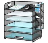 SUPEASY 6 Tier Desk Organizer with 4 Pen Holders, Mesh Paper Organizer Letter Tray with Handle, Desk Organizer Tray File Organizer for A4 File Folder, Black