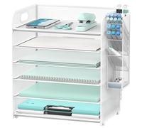 SUPEASY 6 Tier Paper Organizer with 4 Pen Holders, Mesh Letter Tray with Handle, Paper Tray Organizer for A4 Files, White
