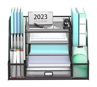 SUPEASY Mesh Desk Organiser with File Holder, 5-Tier Paper Letter Tray Organiser with Magazine Holder, Desktop Organiser and Storage with Drawer for Office Supplies Home or School, Black