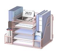 SUPEASY Mesh Desk Organiser with File Holder, 5-Tier Paper Letter Tray Organizer with Magazine Holder, Desktop Organizer and Storage for Office Supplies Home or School, Pink