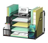 SUPEASY Mesh Desk Organiser with File Holder, 5-Tier Paper Letter Tray Organizer with Magazine Holder, Desktop Organizer and Storage for Office Supplies Home or School, Black