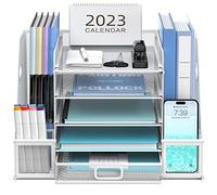SUPEASY Mesh Desk Organizer with File Holder, 5-Tier Paper Letter Tray Organizer with Magazine Holder, Desktop Organizer and Storage with Drawer for Office Supplies Home or School, White