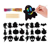 Supecesorio Halloween Scratch Paper Crafts Kit, 24 Pcs Halloween Scratch Art Pumpkin Paper Magic Rainbow Art Paper Hang, Black Scratch Card for DIY Party Ornaments Hanging Decor