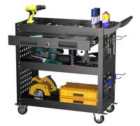 SUPEER 3-layer tool trolley with lockable drawer and pegboard, 4 hooks, maximum load of 200 kg, multifunctional tool trolley with suitable for workshops, warehouses