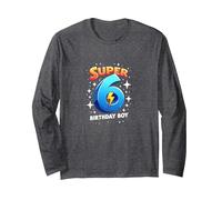 Super 6 Birthday Boy Lightning Bolt Space Theme Long Sleeve T-Shirt, Adult Unisex, Dark Heather Grey, XXL